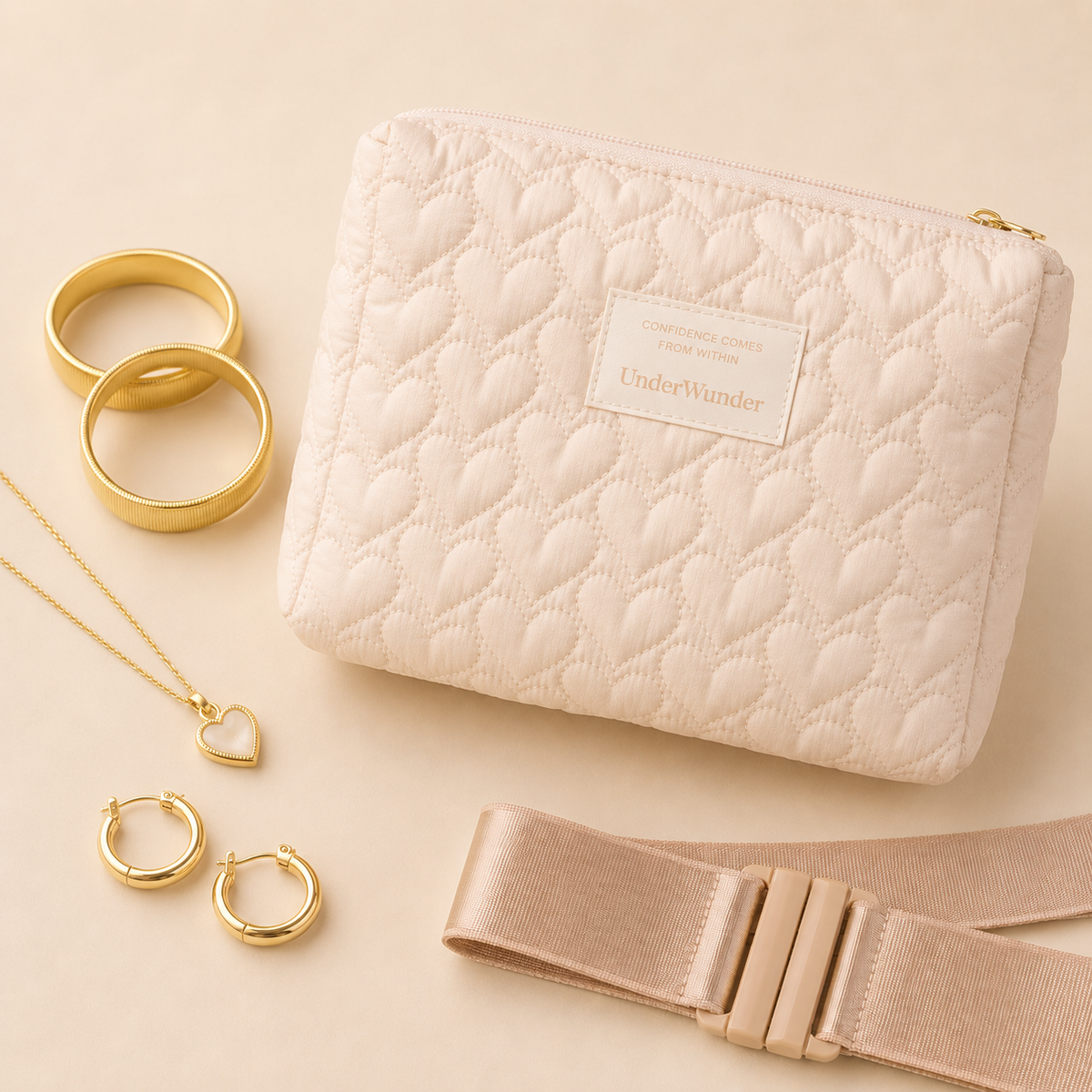 Quilted jewelry box with gold rings, necklace, earrings, and pink ribbon on a beige background