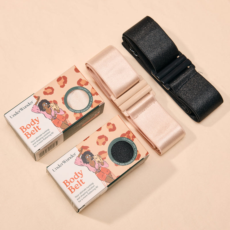 Body belts with packaging on a beige background
