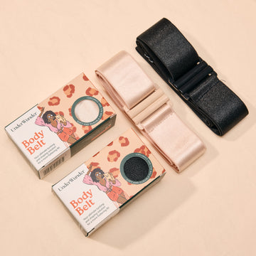Body belts with packaging on a beige background